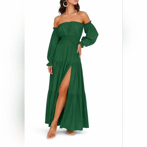 Sexy Emerald Green Off-Shoulder Maxi Dress Side Slit Size Large - Picture 2 of 5